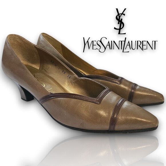 Yves Saint Laurent 1980s Vintage YSL Taupe Leather Pump Heels Size EU 36, US 5.5 - Picture 1 of 10